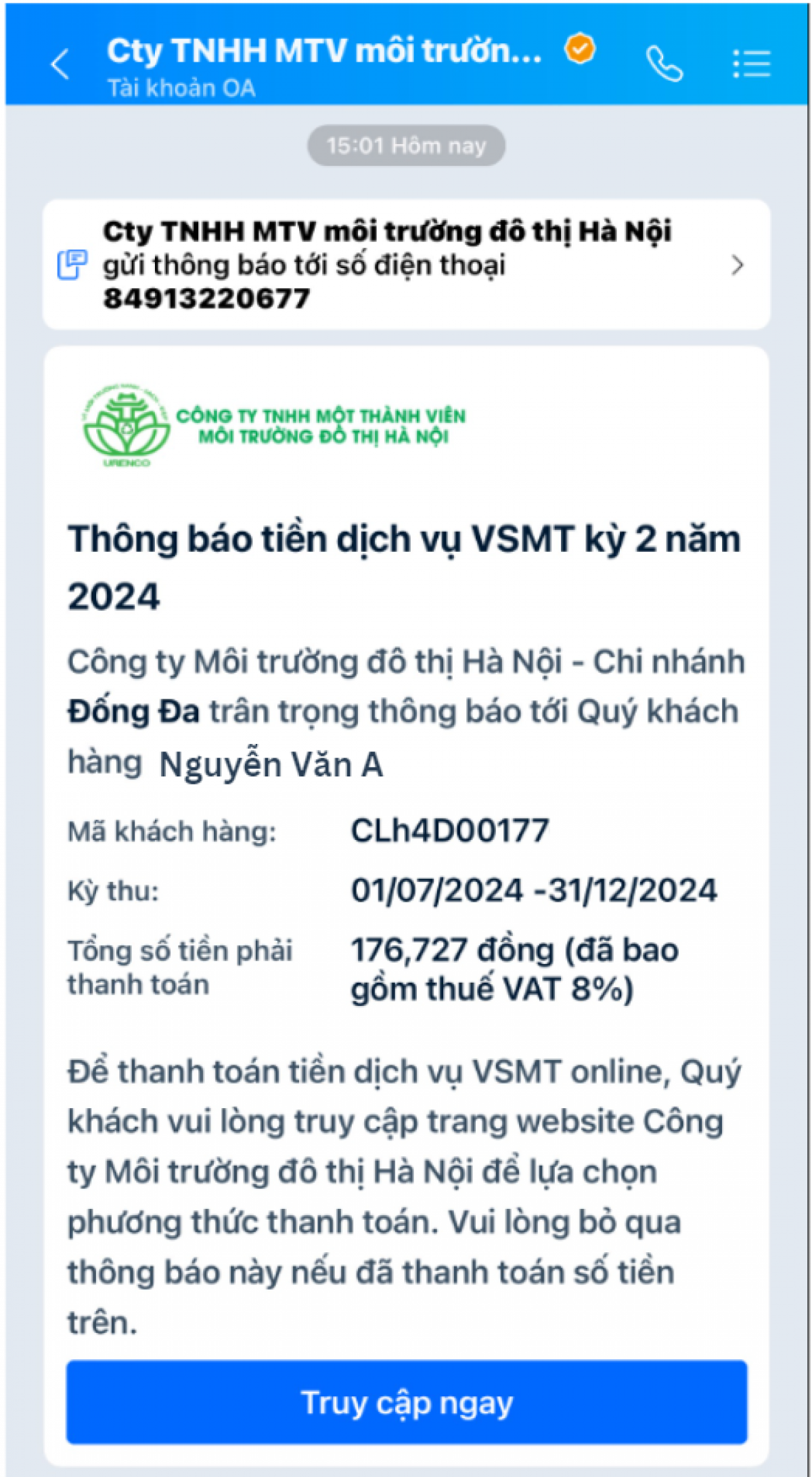 Thông báo phí dịch vụ qua zalo