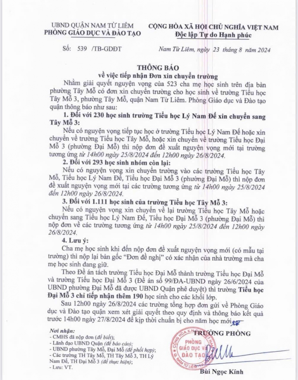 Thông báo về việc tiếp nhận đơn xin chuyển trường do trưởng phòng GD-ĐT quận Nam Từ Liêm Bùi Ngọc Kính ký ngày 23/8