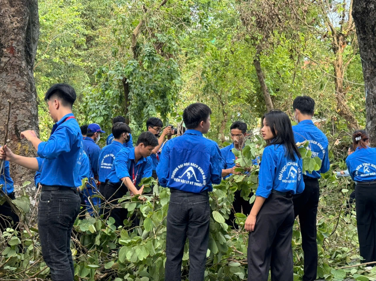 Sinh viên tình nguyện ĐH Bách Khoa Hà Nội dọn cây  đổ do bão số 3 khu vực hồ Thiền Quang Hà Nội ( sáng 13/9)