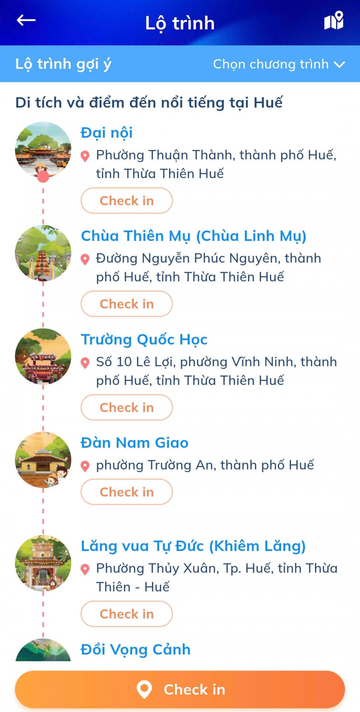 Lộ trình gợi ý các điểm đến dành cho du khách trong App Hue City Passport
 