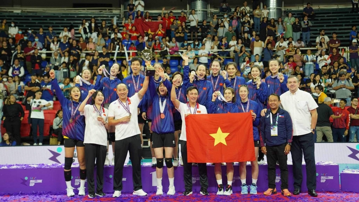 Tuyển bóng chuyền nữ Việt Nam thăng hạng sau chức vô địch AVC Challenge Cup 2024 (ảnh: VFV)