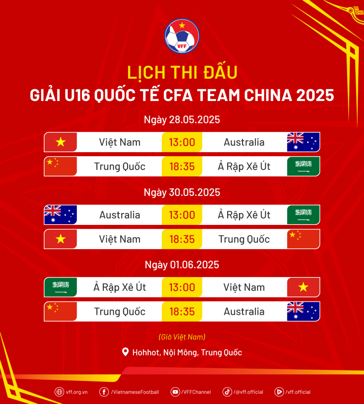 Lịch thi đấu giải U16 quốc tế CFA Team China 2025