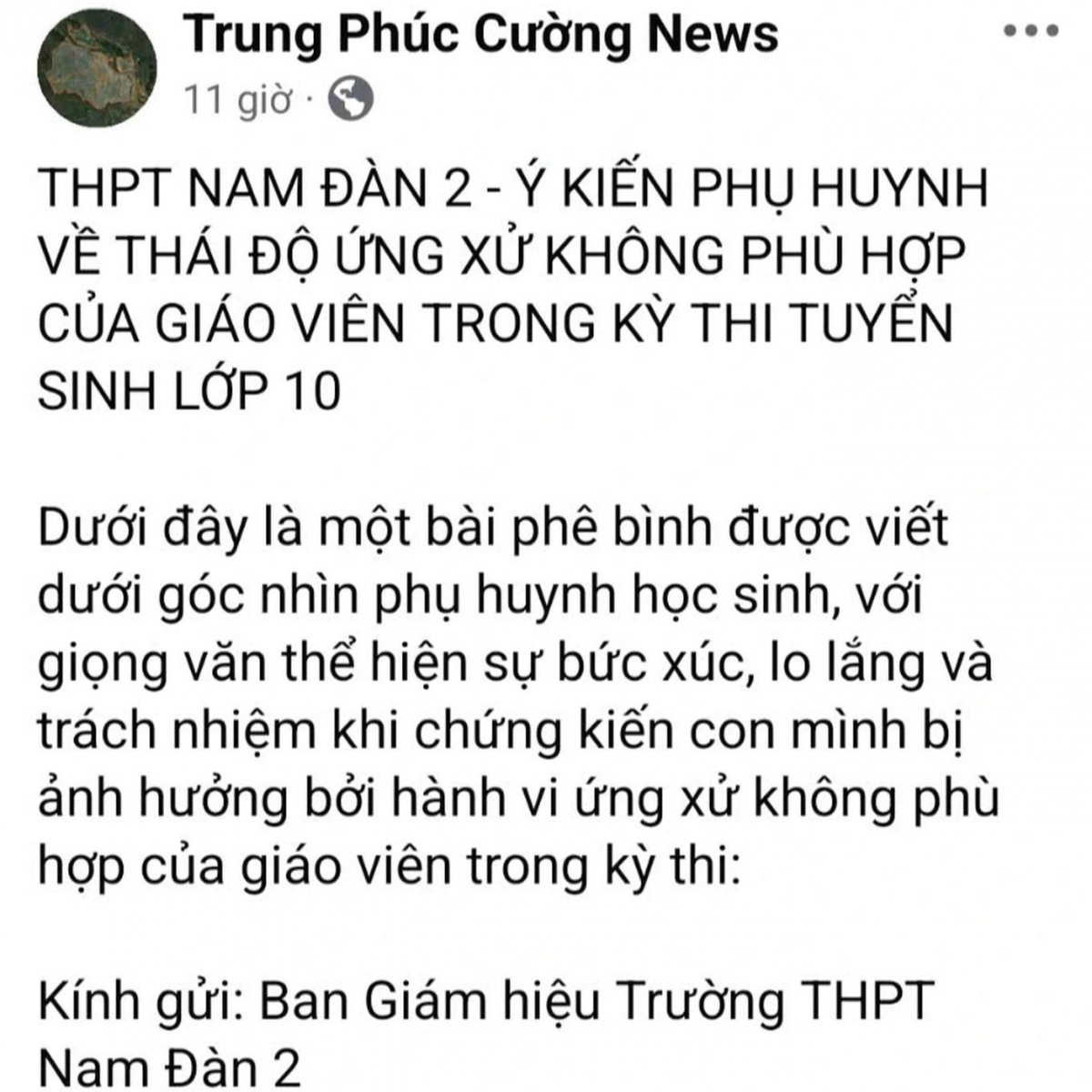 Phụ huynh phản ánh giám thị tại hội đồng thi THPT Nam Đàn 2 có phát ngôn thiếu chuẩn mực đối với thí sinh (Ảnh chụp màn hình)