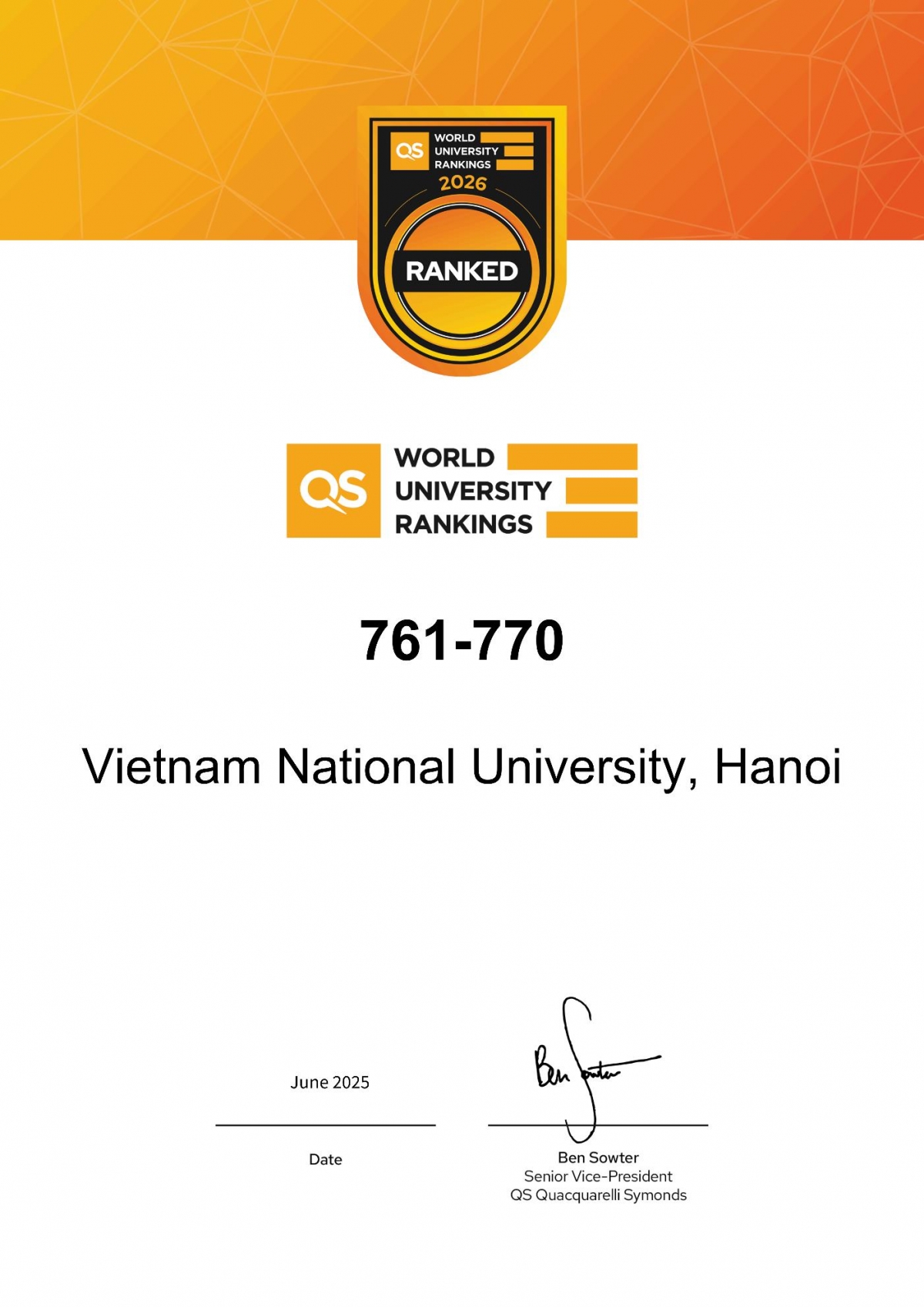 Chứng nhận kết quả xếp hạng thuộc nhóm 761-770 cơ sở giáo dục ĐH
tốt nhất thế giới trong Bảng xếp hạng QS WUR 2026 của ĐHQGHN