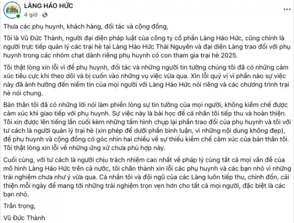 Ông Vũ Đức Thành - người đại diện pháp luật của Công ty Cổ phần Làng Háo Hức đăng bài xin lỗi
(Ảnh chụp màn hình)