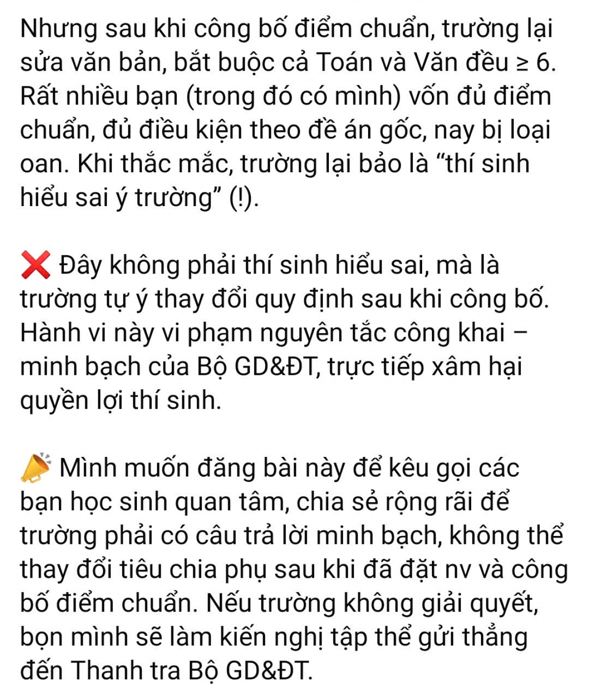 Phụ huynh bức xúc chia sẻ trên mạng xã hội về quy định bất nhất của Trường Đại học Ngân hàng TP. Hồ Chí Minh