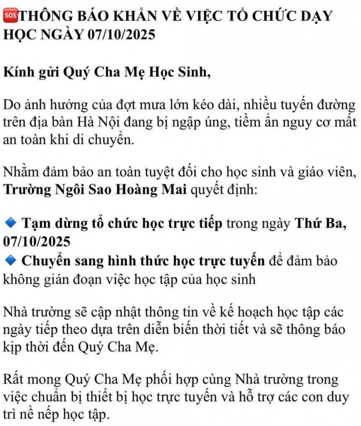 Thông báo nghỉ học của Trường Ngôi sao Hoàng Mai (Ảnh chụp màn hình)