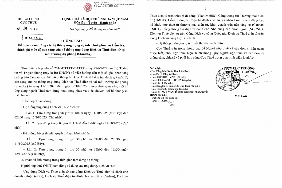 Thông báo 813 của Cục Thuế về kế hoạch tạm dừng ứng dụng dịch vụ thuế điện tử