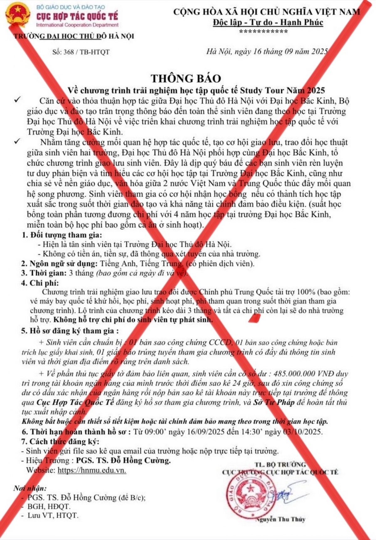 Một thông báo mạo danh Trường ĐH Thủ đô Hà Nội