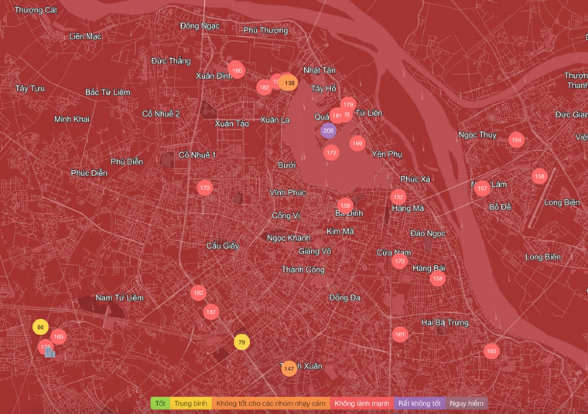 Chỉ số ô nhiễm không khí tại Hà Nội lúc 7h15 sáng 2/12 (Ảnh: IQAir)