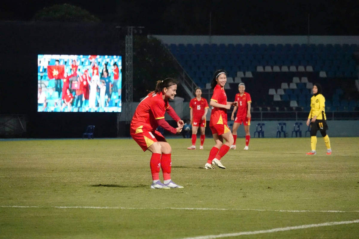 Thái Thị Thảo ăn mừng hattrick trước tuyển nữ Malaysia (Ảnh Nam Trung)