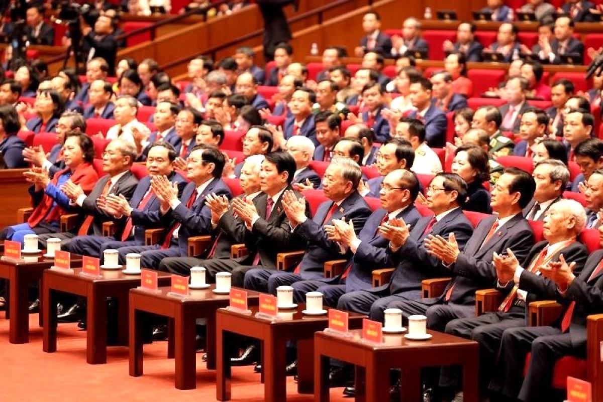 Phương châm của Đại hội XIV: "Đoàn kết - Dân chủ - Kỷ cương - Đột phá - Phát triển". Ảnh: TTXVN