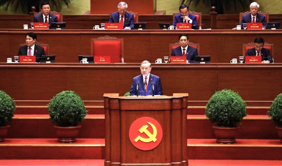 Tổng Bí thư Tô Lâm phát biểu tại phiên khai mạc Đại hội lần thứ XIV của Đảng sáng 20/1. Ảnh: TTXVN