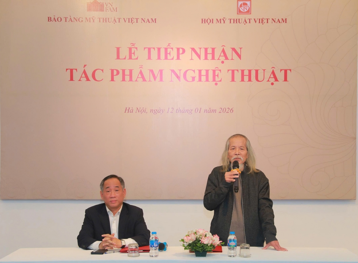 Họa sĩ Lương Xuân Đoàn, Chủ tịch Hội Mỹ thuật Việt Nam phát biểu tại buổi lễ.Ảnh: TH