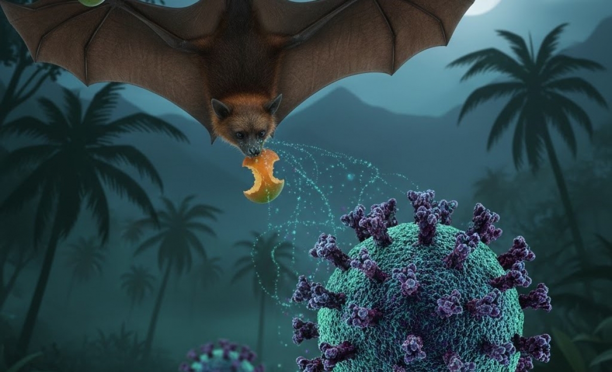 Bệnh do virus Nipah có thể lây truyền qua d​​​ơi ăn quả. Ảnh do AI tạo