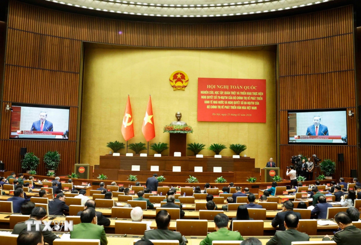 Tổng Bí thư Tô Lâm phát biểu chỉ đạo tại Hội nghị toàn quốc nghiên cứu, học tập, quán triệt và triển khai thực hiện Nghị quyết số 79 - NQ/TW về phát triển kinh tế Nhà nước và Nghị quyết số 80 - NQ/TW về phát triển văn hóa Việt Nam của Bộ Chính trị. Ảnh: TTXVN