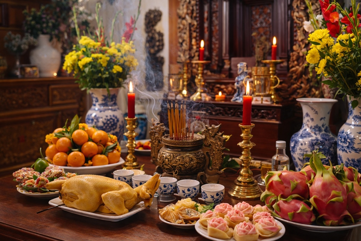 Bên cạnh mâm lễ đầy đủ, gia chủ cần chuẩn bị bài văn khấn Thần linh, Gia tiên mùng 1 Tết chuẩn xác để nghênh đón tài lộc. (Ảnh minh họa)