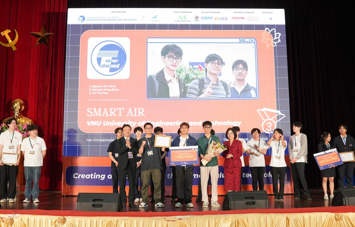  Nhóm sinh viên trường Đại học Công nghệ (ĐHQG Hà Nội) giành giải Ba, hạng mục phần mềm sáng tạo theo chủ đề tại cuộc thi lập trình Quốc tế NAPROCK năm 2026. 