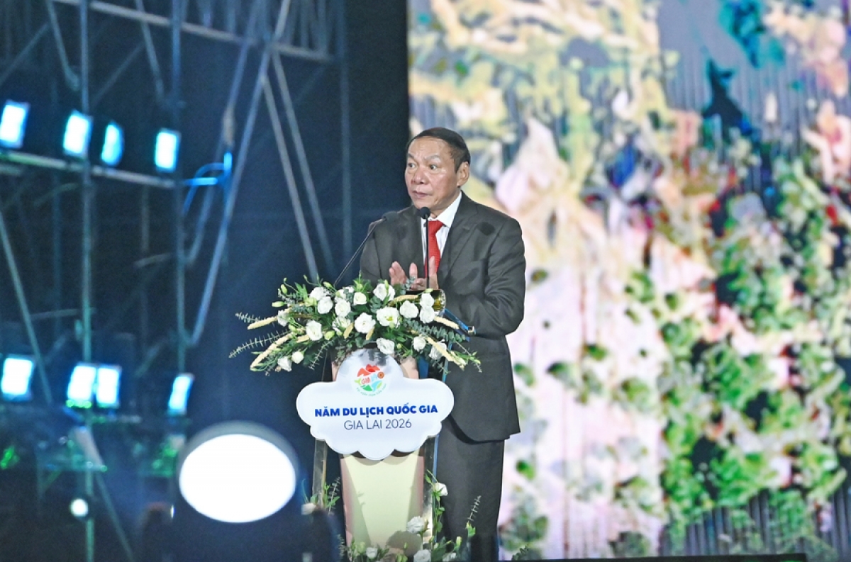 Bộ trưởng Bộ VH-TT&amp;DL Nguyễn Văn Hùng phát biểu tại Lễ khai mạc Năm Du lịch quốc gia Gia Lai 2026. Ảnh: BTC