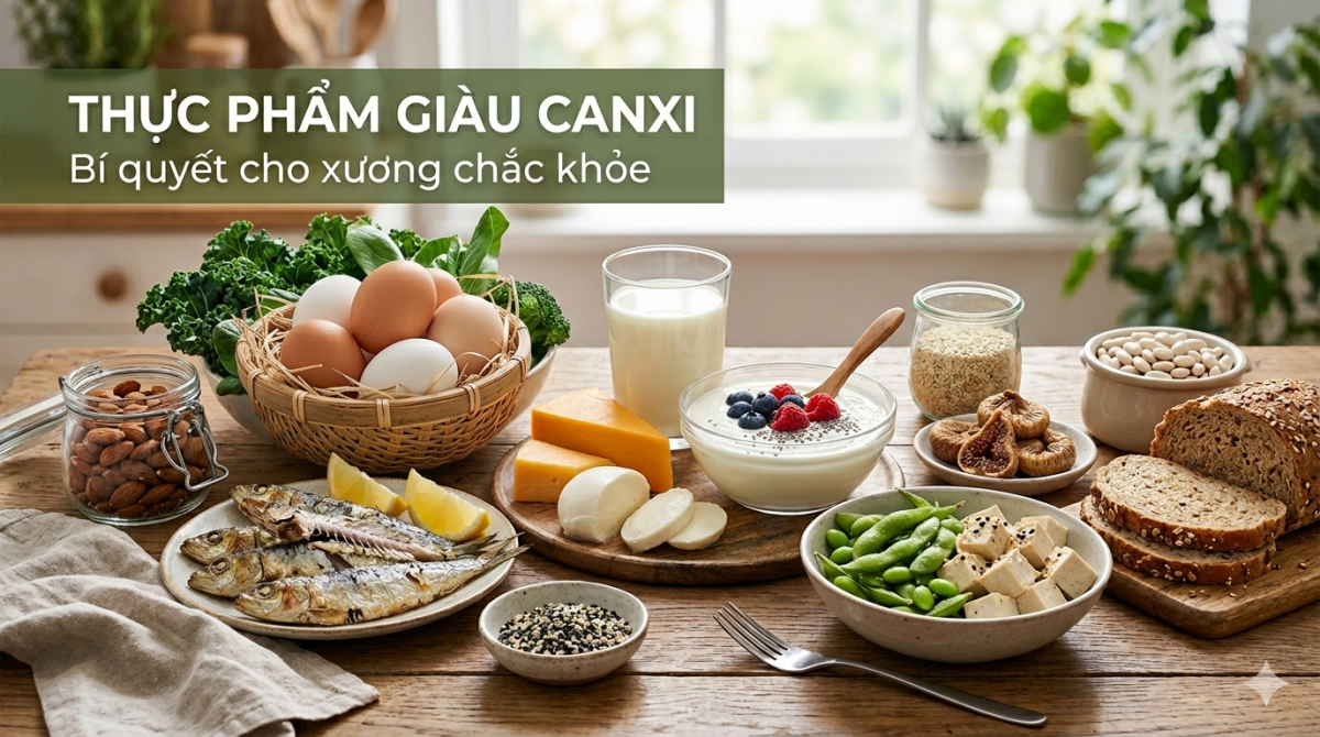 Một số nhóm thực phẩm giàu canxi. Ảnh minh họa do AI tạo