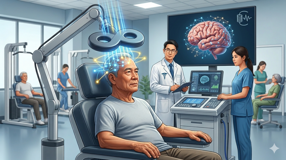 Kích thích từ trường xuyên sọ giúp nâng cao hiệu quả phục hồi chức năng sau đột quỵ. Ảnh minh họa do AI tạo