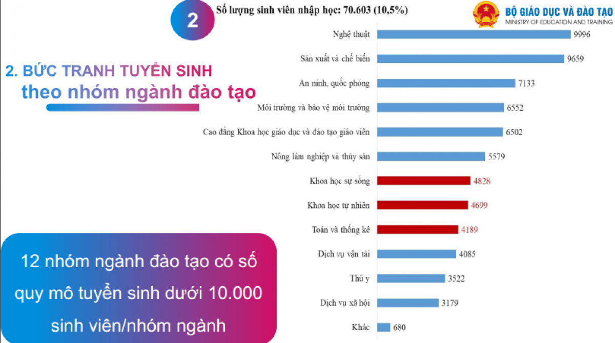 12 nhóm ngành có quy mô tuyển sinh dưới 10.000 sinh viên (nguồn: Bộ GD-ĐT)