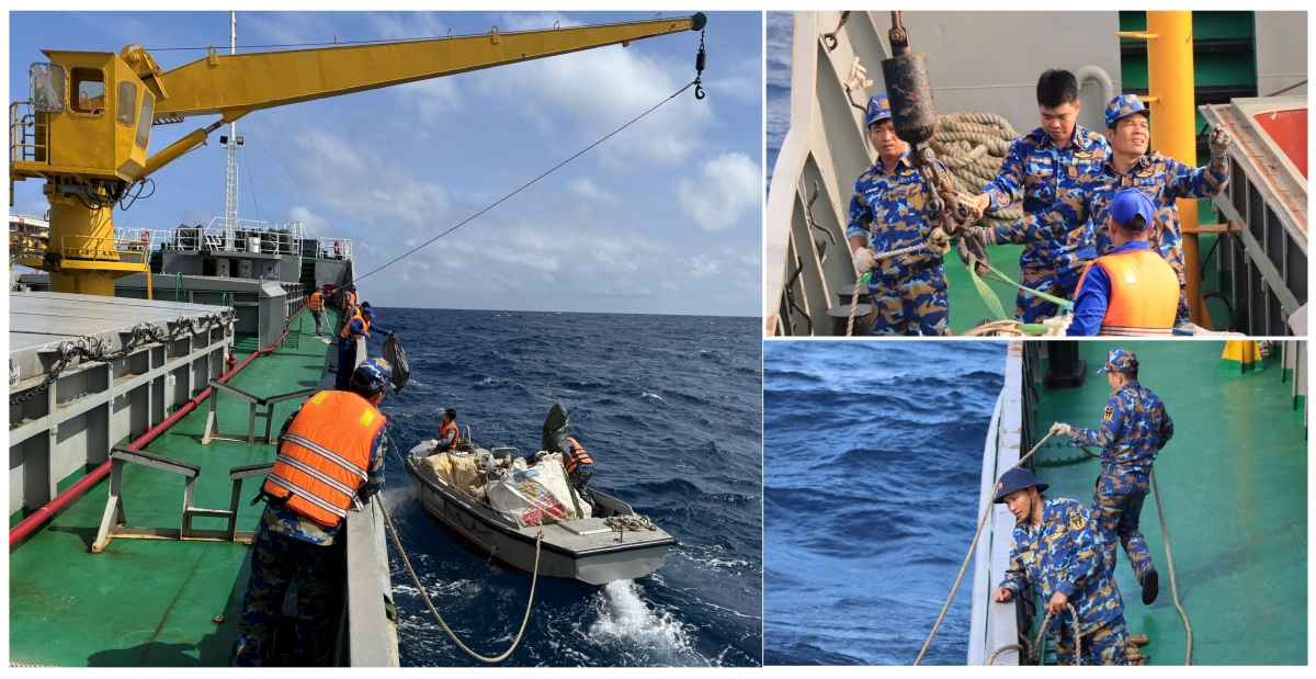 Cán bộ, chiến sĩ tàu Trường Sa 19, Hải đội 1, Lữ đoàn 125, Vùng 2 Hải quân nhận hàng để cấp cho các nhà giàn DK1