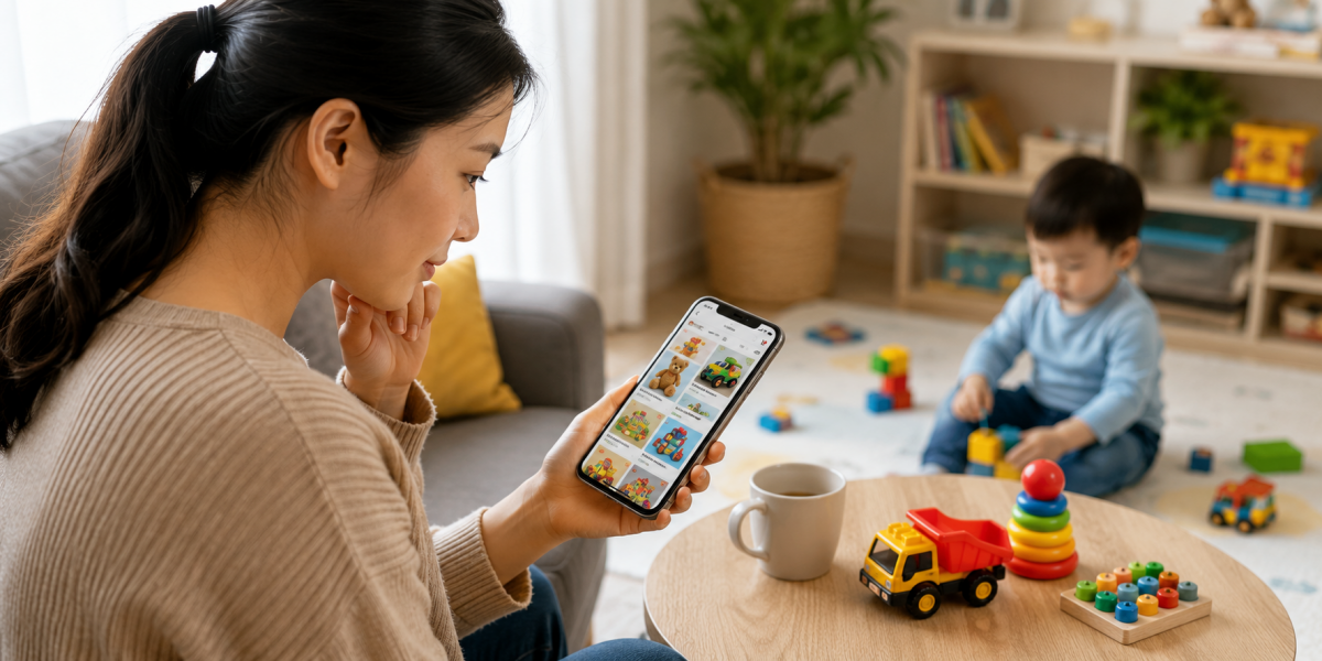 Hiện nay, mua đồ chơi qua mạng được nhiều phụ huynh ưu tiên lựa chọn (Ảnh minh họa được tạo bởi AI)