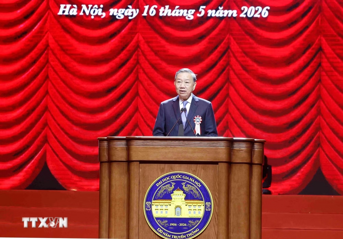 Tổng Bí thư, Chủ tịch nước Tô Lâm phát biểu tại Lễ kỷ niệm 120 năm Ngày truyền thống Đại học Quốc gia Hà Nội (Ảnh : TTXVN)