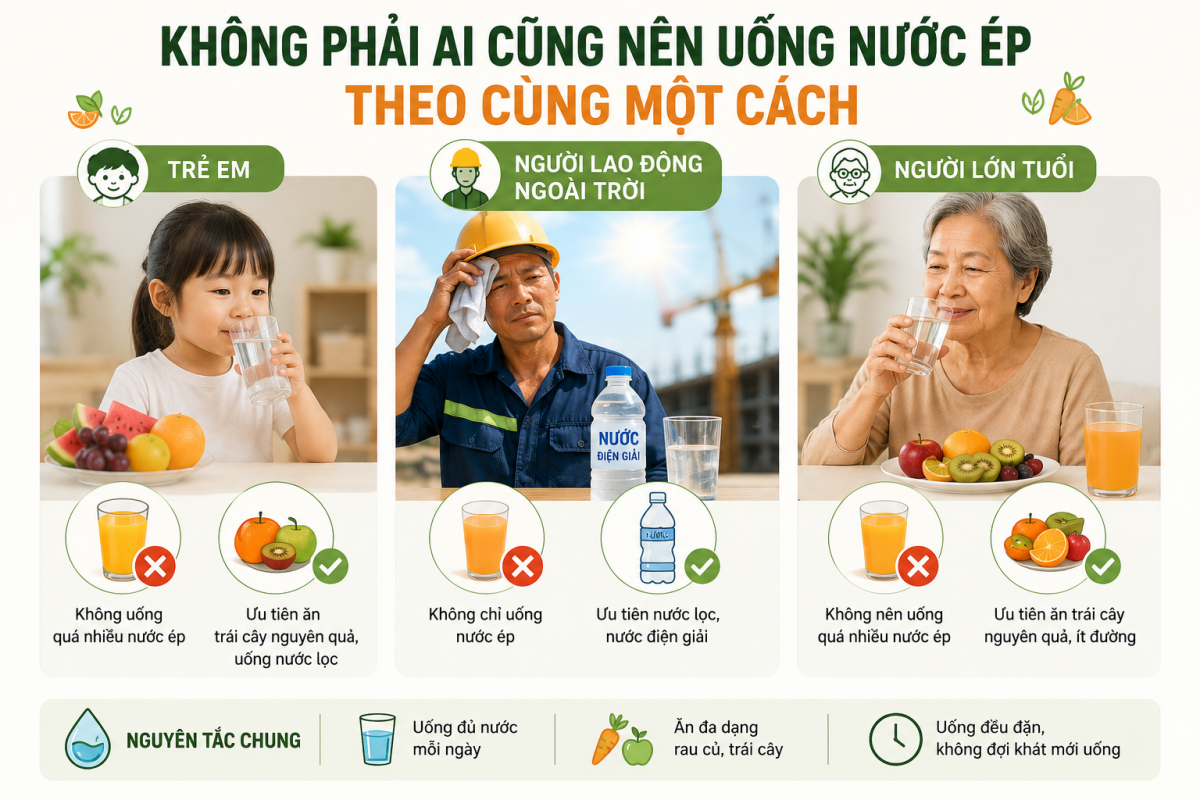 Mỗi một đối tượng nên sử dụng nước ép trái cây phù hợp. Ảnh do AI tạo
