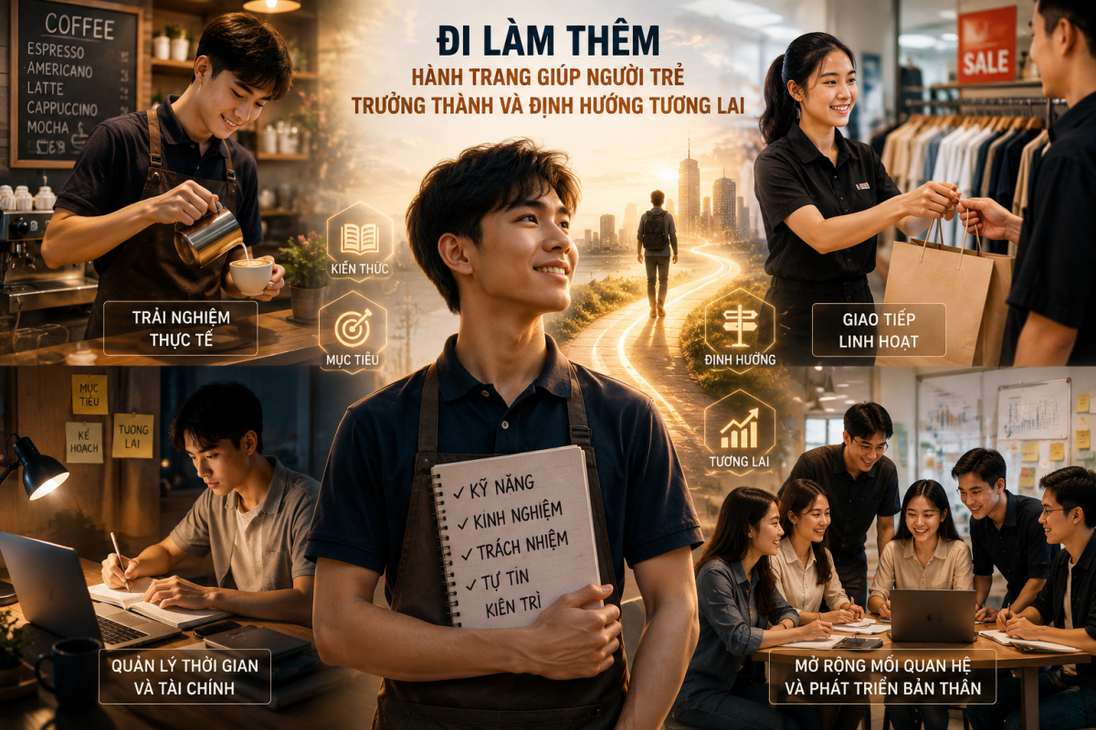 Đi làm thêm mang lại nhiều lợi ích cho các bạn trẻ (Ảnh tạo bởi AI)