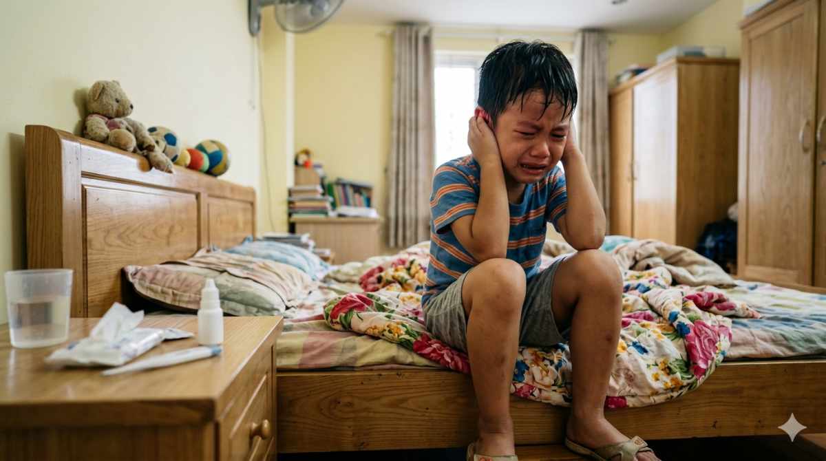 Viêm tai là một bệnh lý phổ biến ở trẻ sau khi đi bơi. Ảnh minh họa