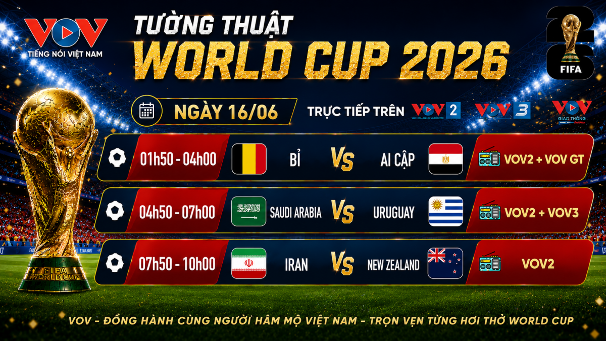Tâm điểm ngày thi đấu 16/06 là màn ra quân của "Quỷ đỏ" Bỉ gặp Ai Cập và đại diện Nam Mỹ Uruguay chạm trán Saudi Arabia, trực tiếp trên các kênh sóng của VOV.