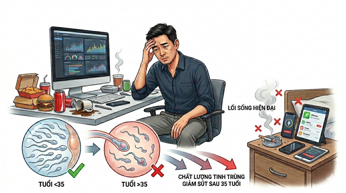 Cùng với tuổi tác, những thói quen không lành mạnh đang âm thầm làm suy giảm khả năng sinh sản của nam giới. Ảnh minh họa do AI tạo.