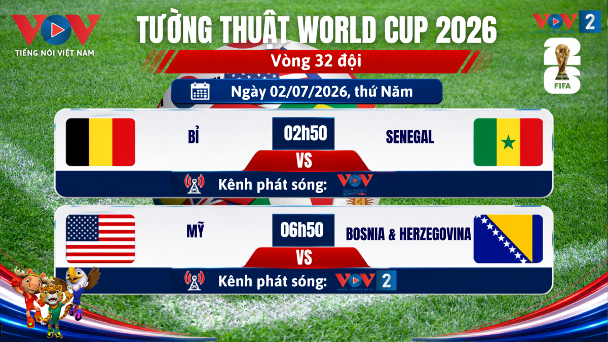 Chi tiết lịch tường thuật trực tiếp vòng 32 đội Vòng chung kết World Cup 2026 ngày 2/7 trên hệ thống kênh phát thanh của VOV. Điểm nhấn là cuộc đọ sức giữa tuyển Bỉ và Senegal lúc 02h50 trên Kênh VOVGT, cùng trận đấu của chủ nhà Mỹ tiếp đón Bosnia &amp; Herzegovina lúc 06h50 trực tiếp trên Kênh VOV2.