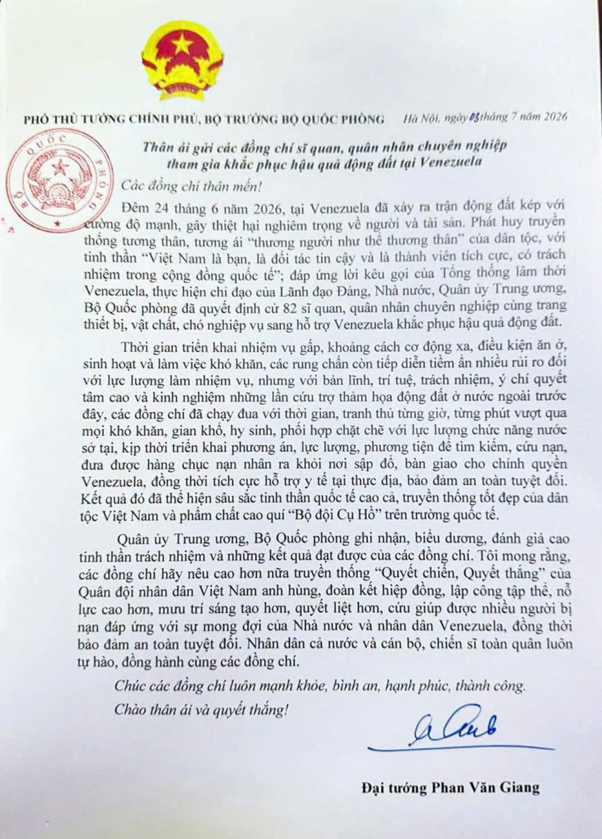 Thư khen của Đại tướng Phan Văn Giang (Nguồn: BQP)