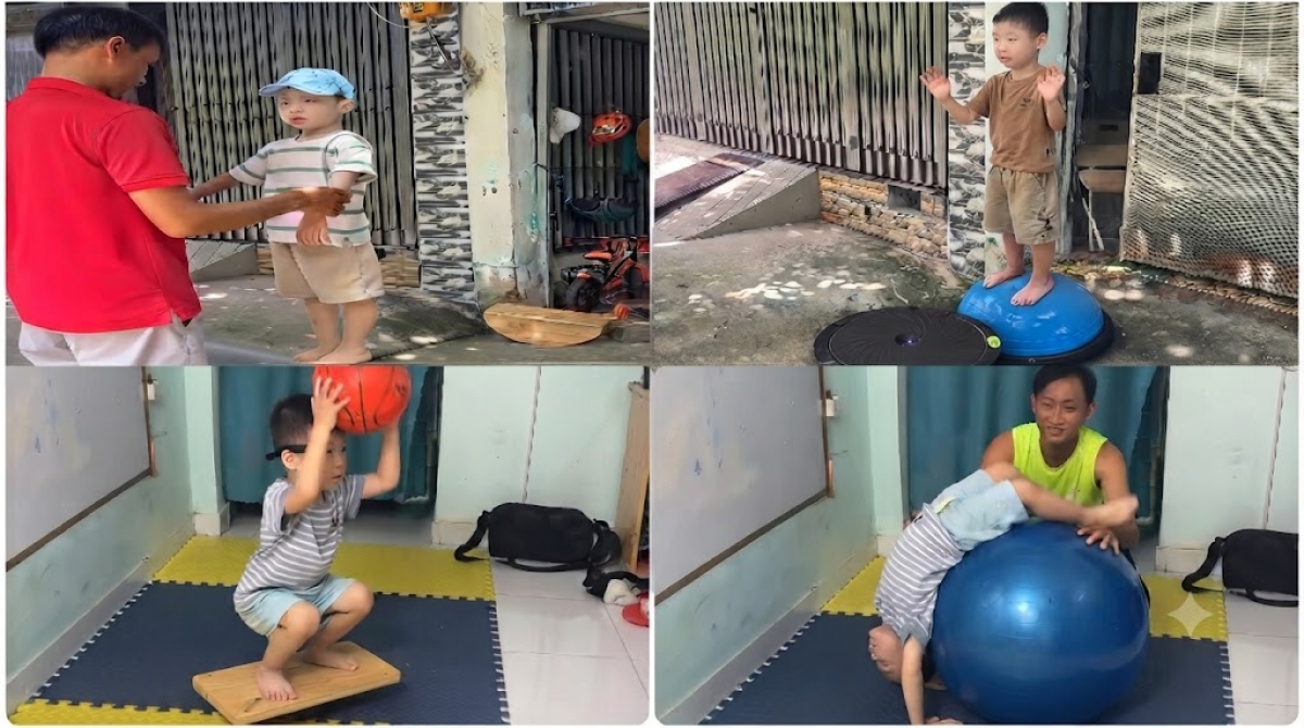 Anh Tự hướng dẫn con tập rất nhiều bài tập vận động, vừa để kích thích con trò chuyện, vừa giúp tăng khả năng tập trung cho con. Ảnh: NVCC