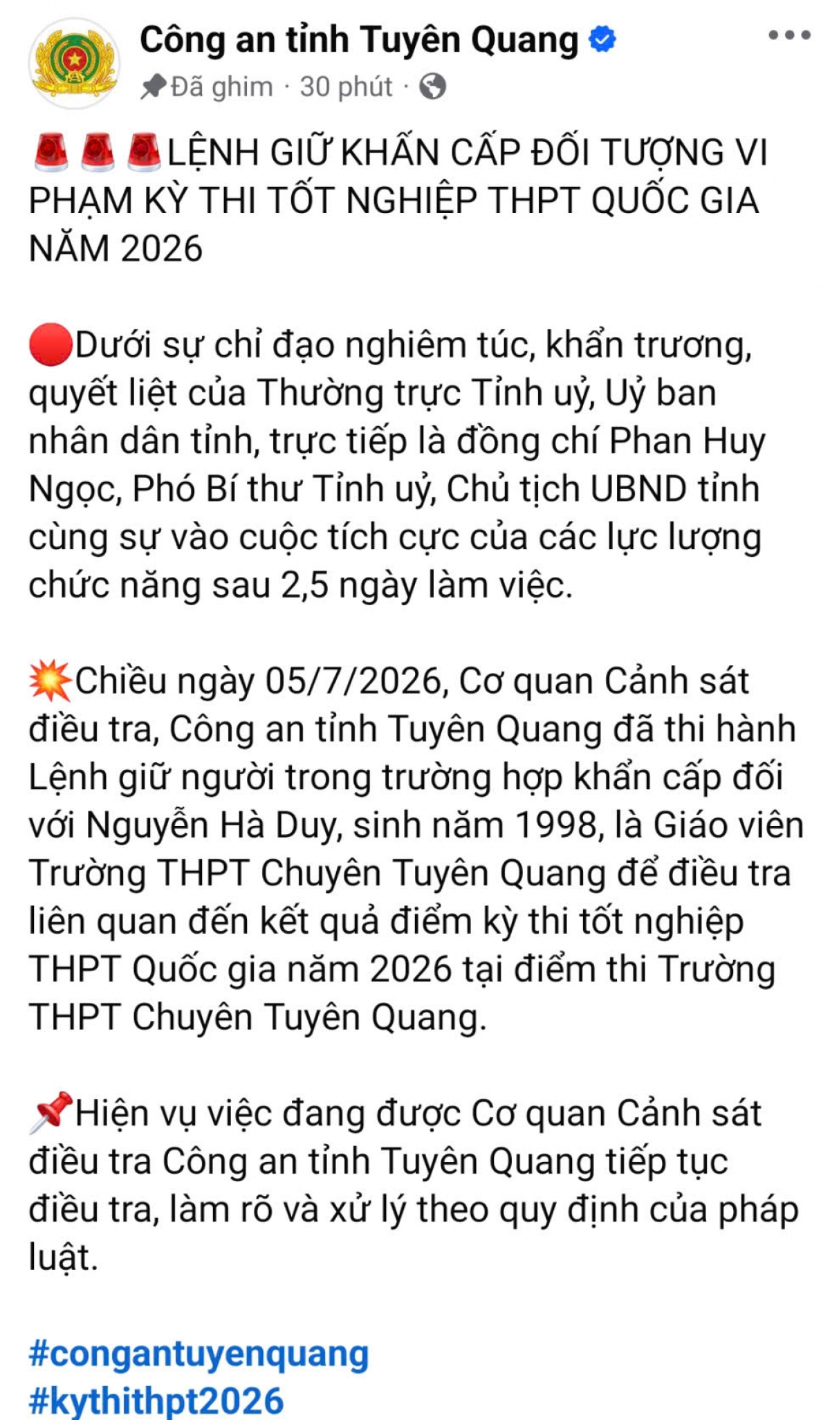 Thông tin vụ việc được Công an tỉnh Tuyên Quang đăng tải trên trang chính thức
của CA tỉnh (Ảnh chụp màn hình)
