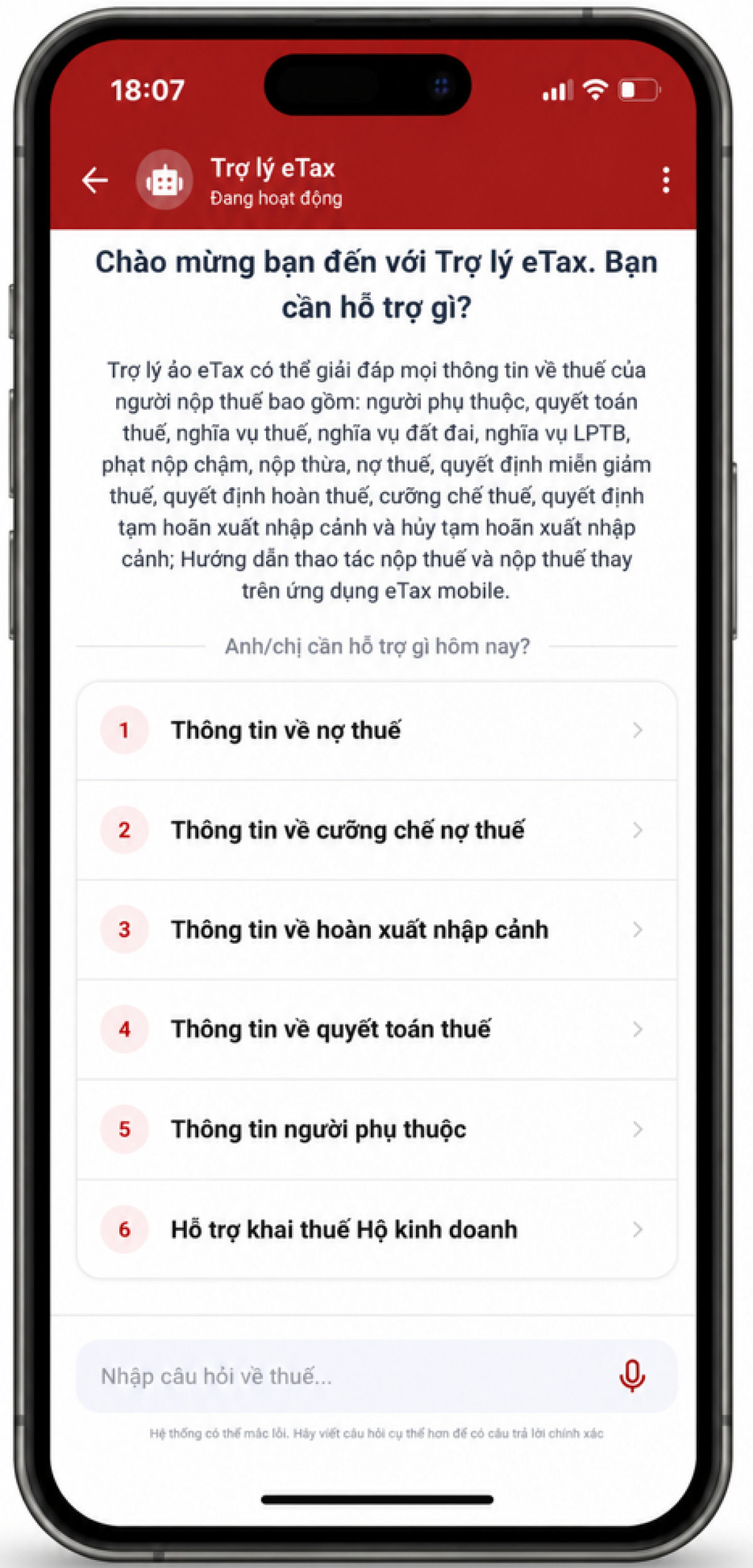 Người nộp thuế có thể sử dụng Chatbot ngay trên ứng dụng eTax mobile - Ảnh: Cục Thuế.