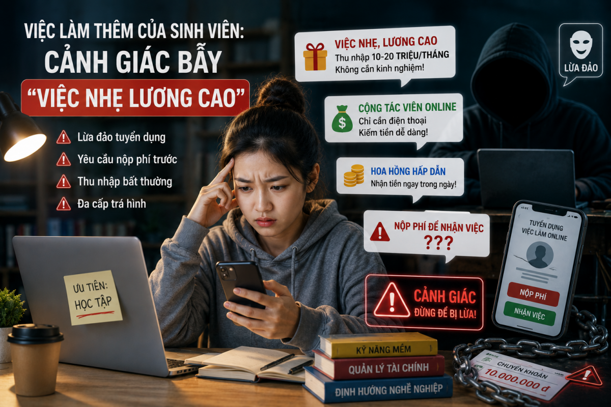 Học sinh, sinh viên dễ trở thành nạn nhân của các đối tượng lừa đảo tuyển dụng (Ảnh minh họa tạo bởi AI)