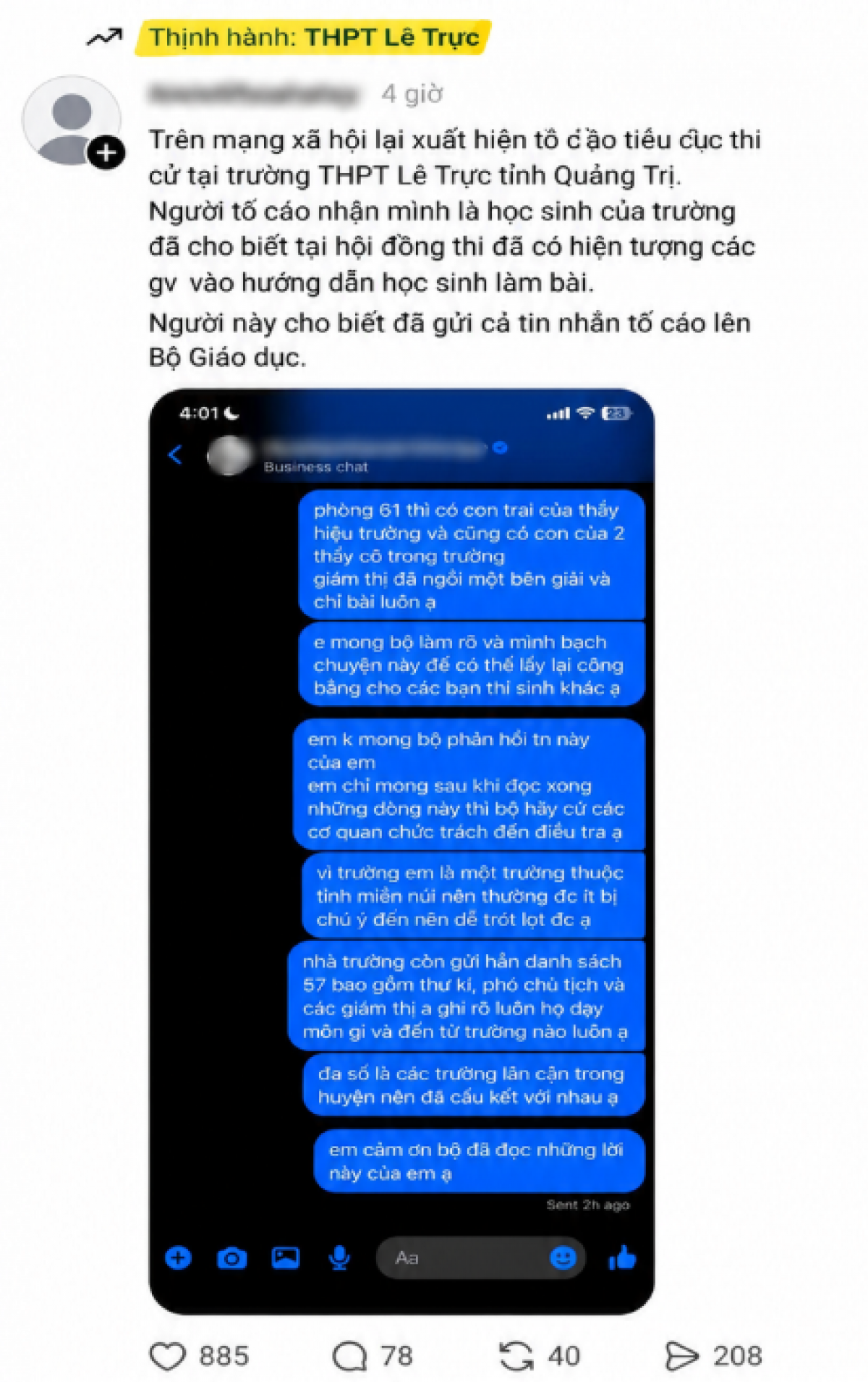 Trước đó, trên mạng xã hội chia sẻ thông tin phản ánh tiêu cực thi cử tại điểm thi Trường THPT Lê Trực. (Ảnh: Chụp màn hình)