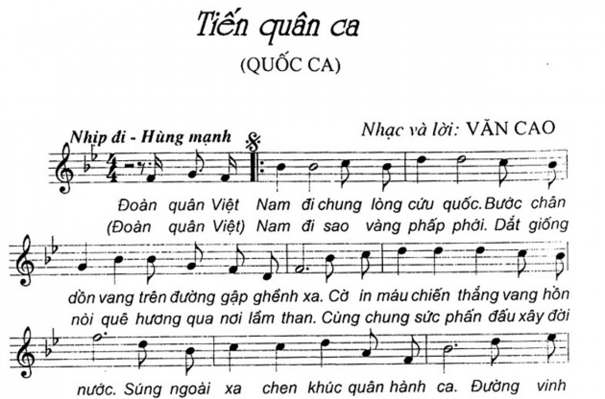 Quốc ca Việt Nam là bài Tiến quân ca, do nhạc sĩ Văn Cao sáng tác năm 1944, gắn với nhiều dấu mốc của lịch sử dân tộc. (Ảnh vov.vn)