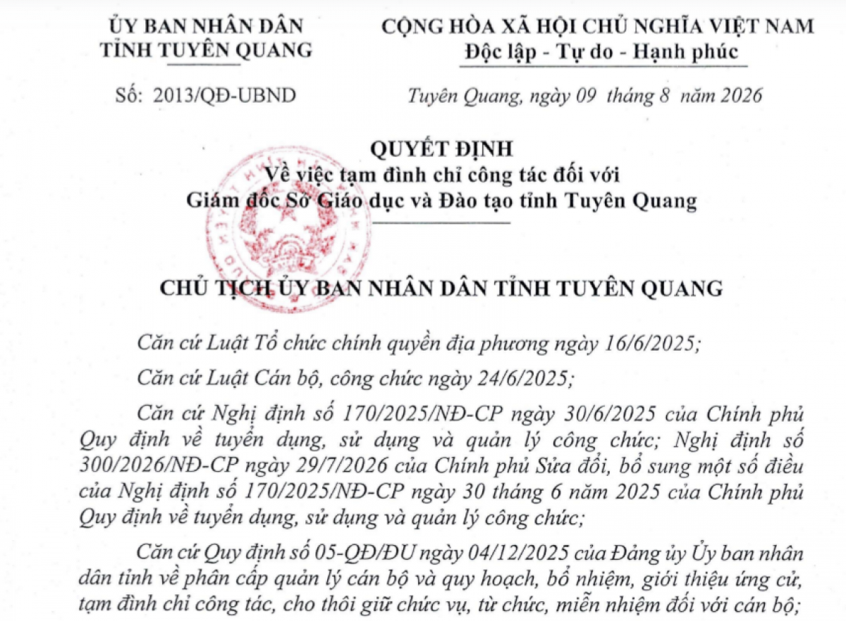 QĐ đình chỉ công tác đối với Giám đốc Sở GD-ĐT tỉnh Tuyên Quang (Ảnh chụp màn hình)