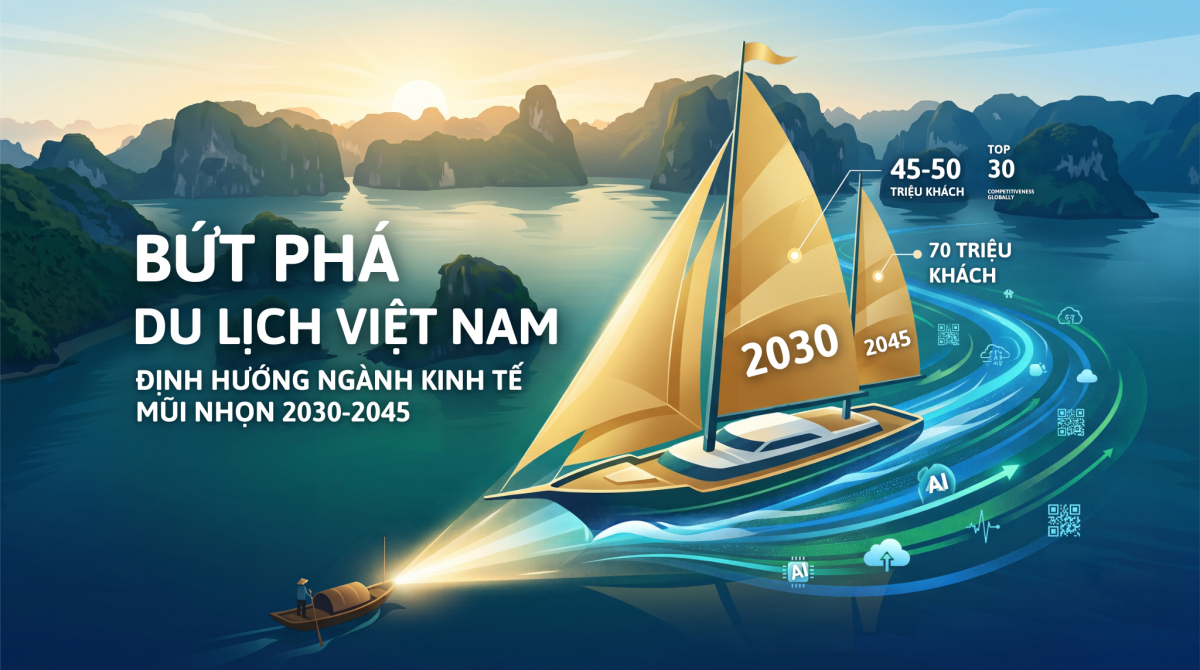 Du lịch Việt Nam vững bước vươn lên thành ngành kinh tế mũi nhọn gắn liền với chuyển đổi số và phát triển bền vững trong kỷ nguyên mới. (Ảnh có sử dụng AI)