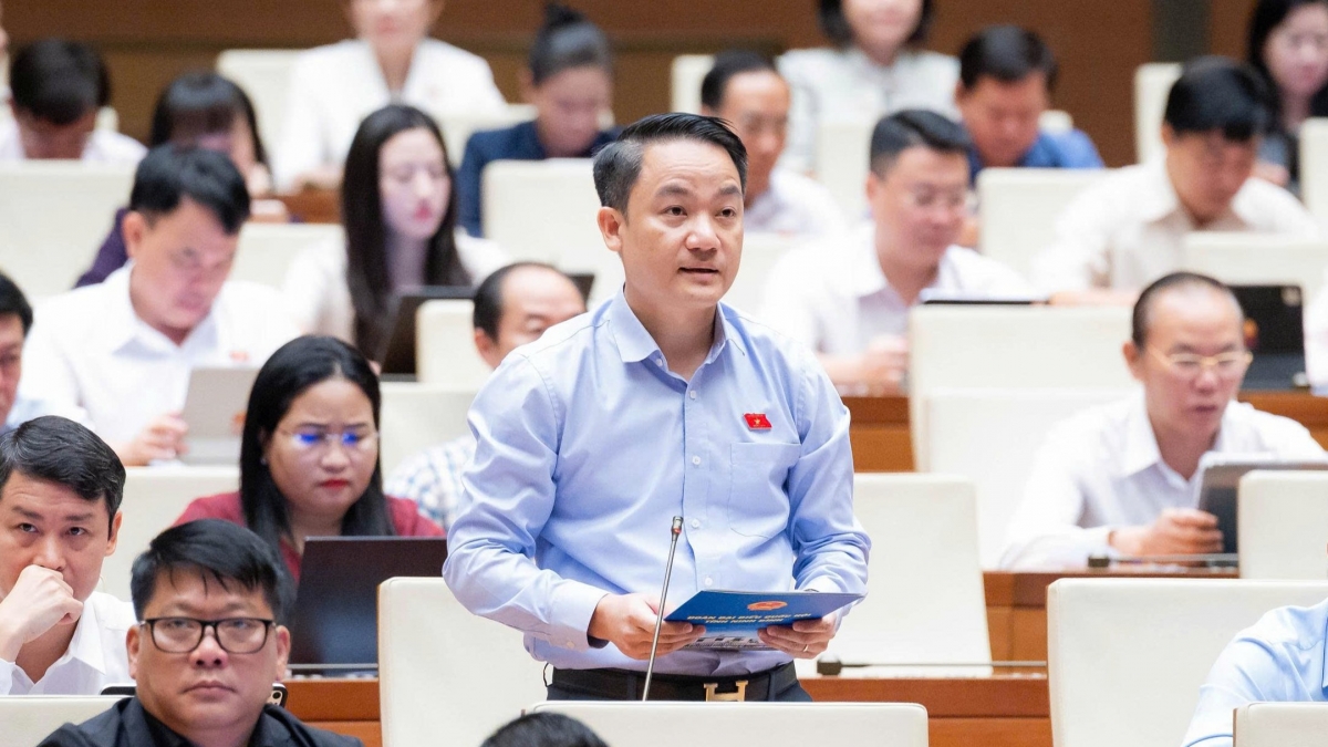 Đại biểu Lê Văn Thế phát biểu thảo luận về sửa đổi Luật Đất đai 2024 tại hội trường Quốc hội ngày 21/8. (Ảnh: Quốc hội)