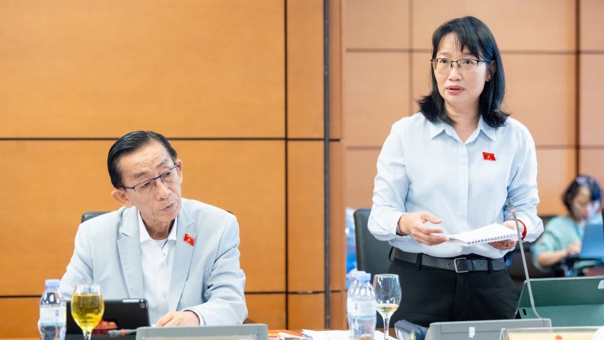 Đại biểu Trần Thị Diệu Thúy thảo luận tại tổ 2, ngày 19/8 về dự thảo nghị quyết “Chương trình mục tiêu quốc gia phát triển văn hóa, xã hội, nông thôn, dân tộc và miền núi giai đoạn 2026-2035”. (Ảnh: Quốc hội)