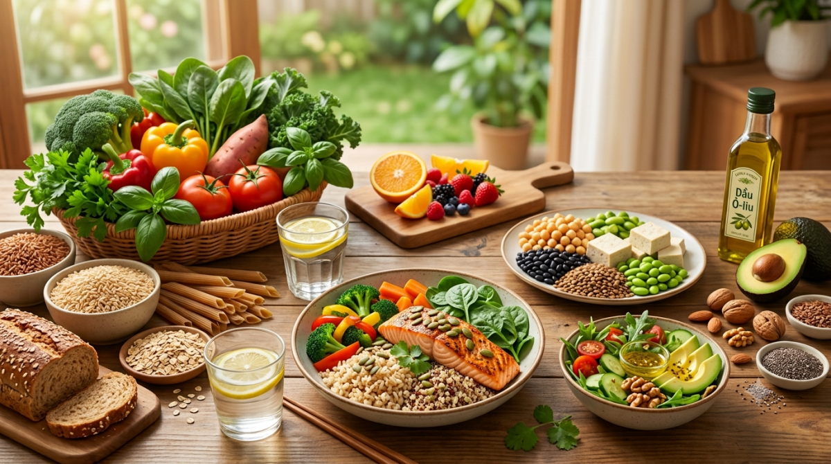Bổ sung đủ các nhóm thực phẩm giúp duy trì sức khỏe trước nhiều áp lực xã hội. Ảnh do AI tạo
