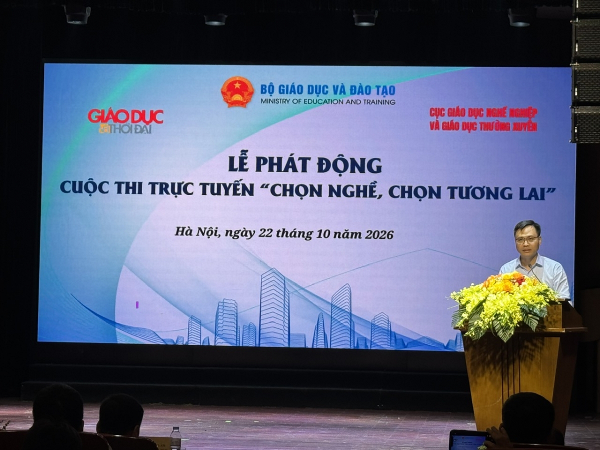 Ông Trần Thanh Đạm - Cục trưởng Cục Giáo dục nghề nghiệp và Giáo dục thường xuyên (Bộ GD&amp;ĐT) phát biểu tại lễ phát động( Ảnh : Thu Lương VOV2 )