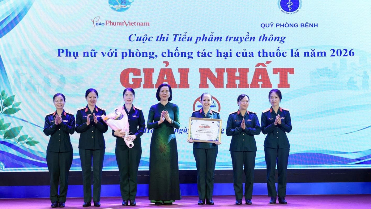 Hội Phụ nữ Công ty 35, Binh đoàn 19 - Bộ Quốc phòng đoạt giải nhất Cuộc thi Tiểu phẩm truyền thông "Phụ nữ với phòng, chống tác hại của thuốc lá" năm 2026. Ảnh: Phan Tuấn Anh - TTXVN